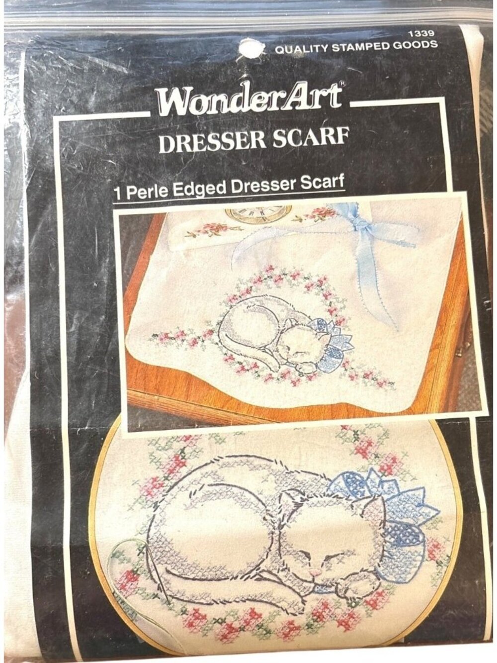 Vintage Perle Edged Dresser Embroidery Scarf Stamped Sleeping CAT DESIGN ONLY